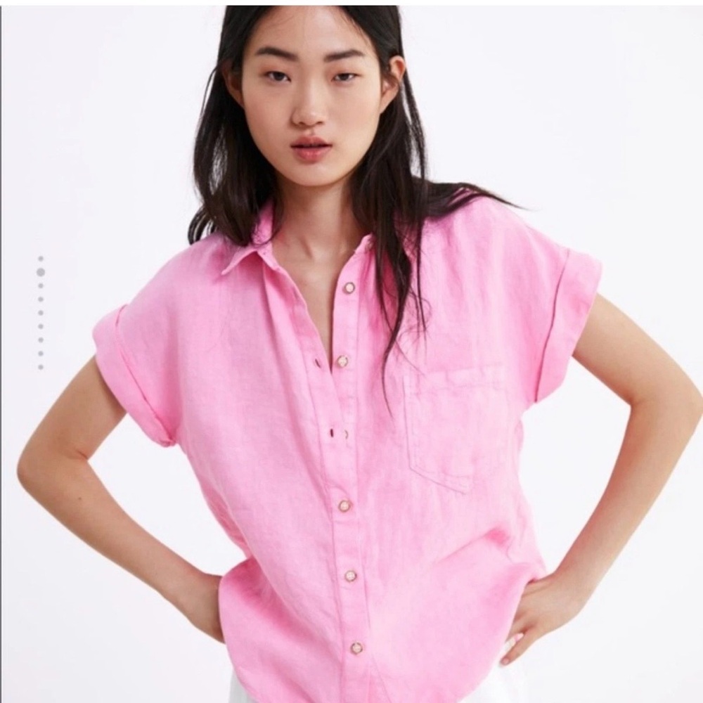 Zara Pink Short-Sleeve Button-Up Linen Top size M. Lightweight and breezy.